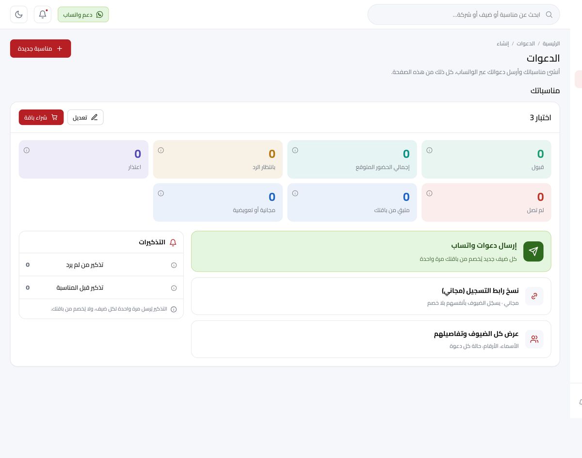 لوحة الدعوات: القبول والاعتذار وبانتظار الرد وإجمالي الحضور المتوقع